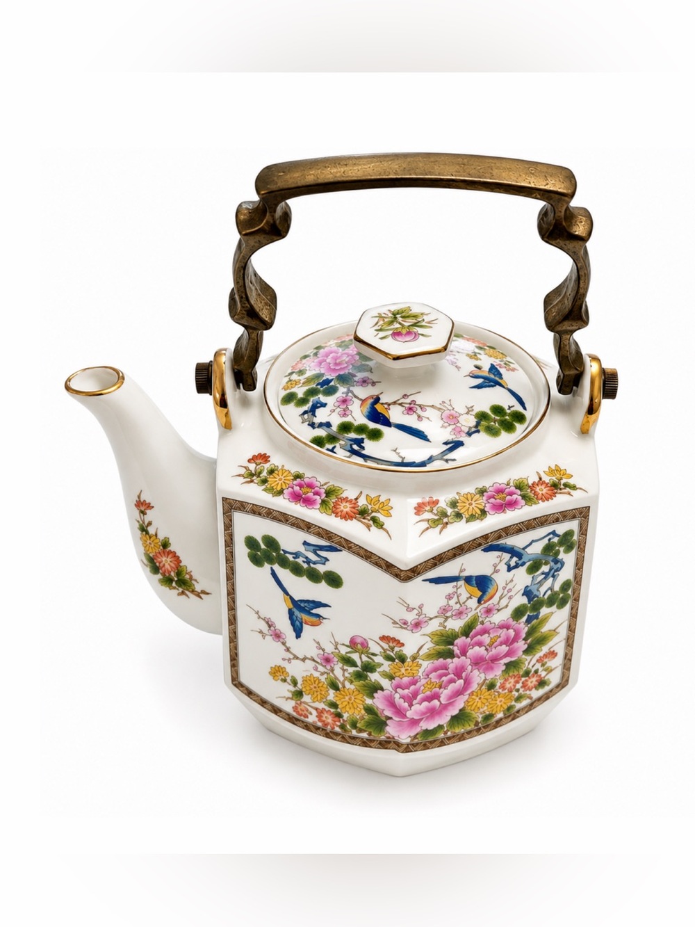 Vintage Japan Porcelain Teapot Brass Handle Floral Peony Birds Chinoiserie Decor